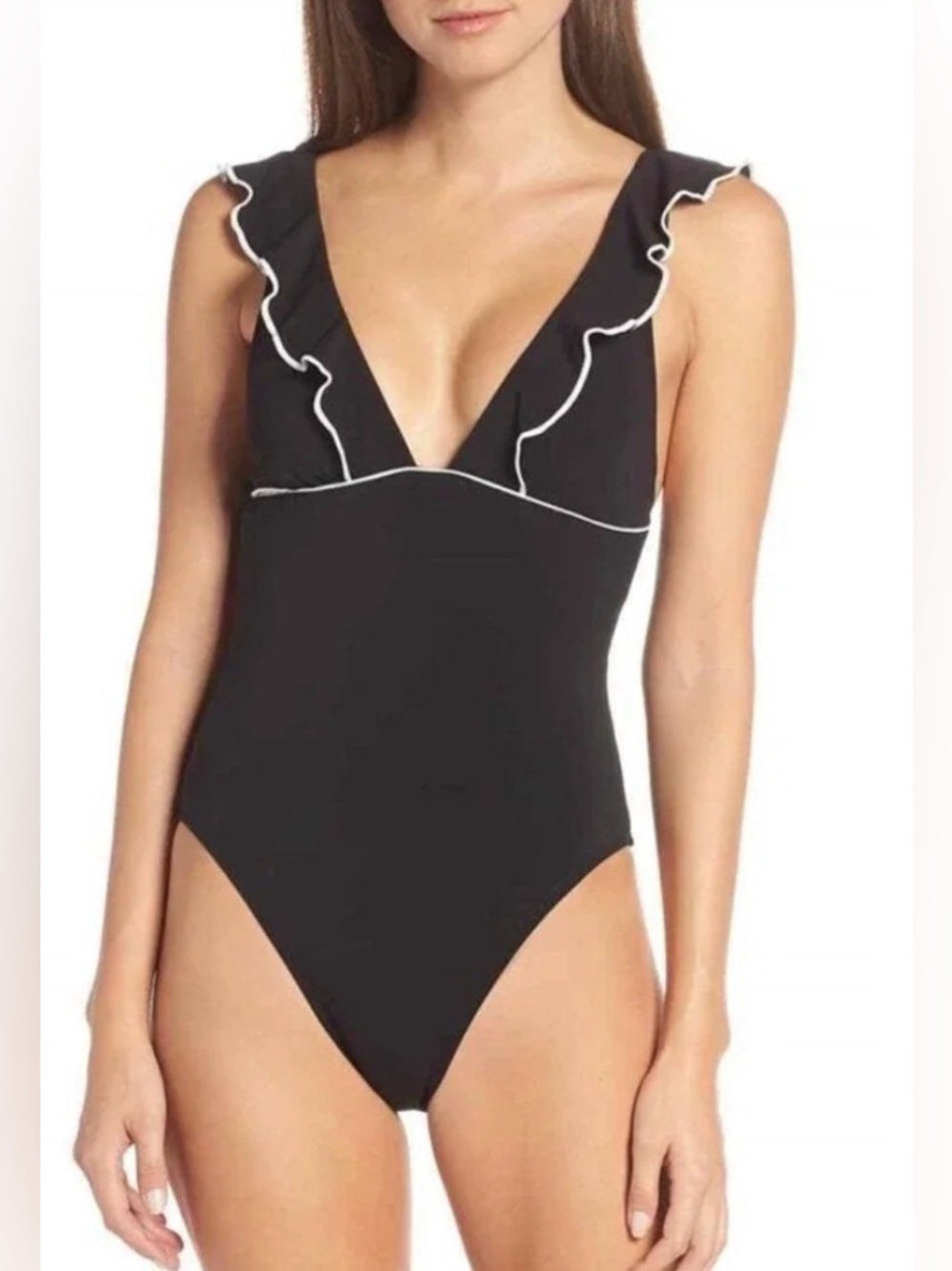 Robin Piccone Women’s 12 Black One-Piece Swimsuit White Trim Malia Ruffle 191212